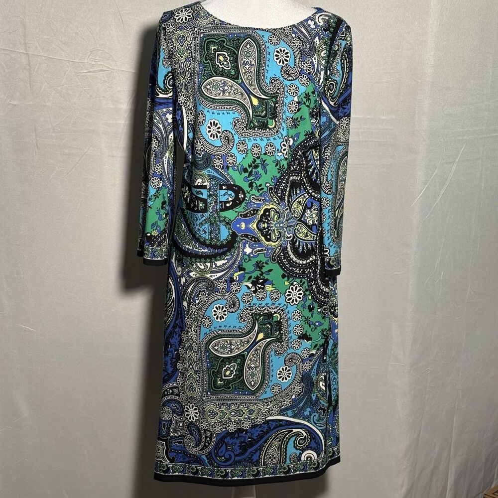 Chico’s Blue Green Paisley Knit Shift Dress 3/4 Sleeve Size 0 Small Casual
